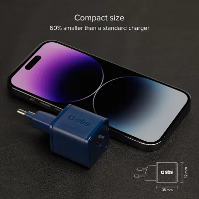 SBS - Cestovný adaptér NanoTube USB-C, GaN, 20 W, PD, modrá