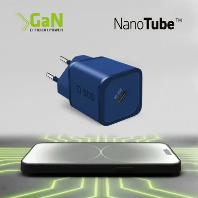 SBS - Cestovný adaptér NanoTube USB-C, GaN, 20 W, PD, modrá