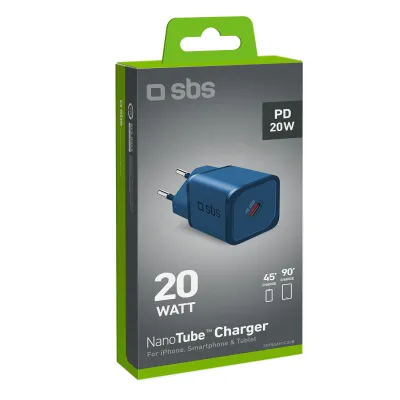 SBS - Cestovný adaptér NanoTube USB-C, GaN, 20 W, PD, modrá