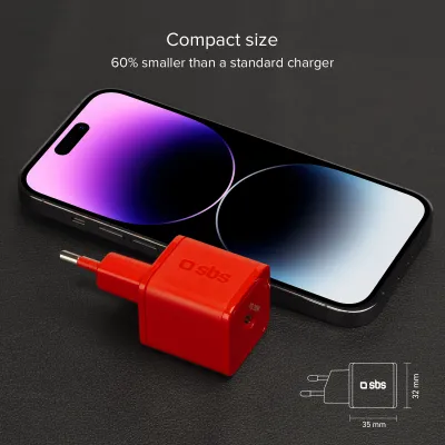 SBS - Cestovný adaptér NanoTube USB-C, GaN, 20 W, PD, červená