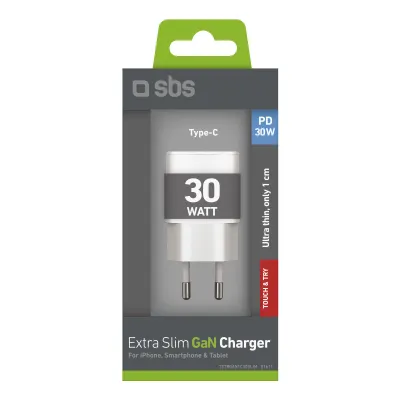SBS - Cestovný adaptér Extra Slim USB-C, GaN, 30 W, PD, biela