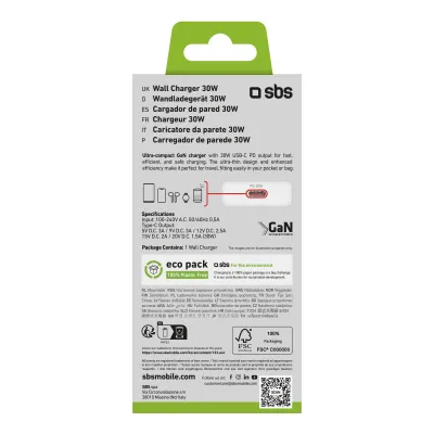 SBS - Cestovný adaptér Extra Slim USB-C, GaN, 30 W, PD, biela