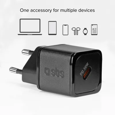 SBS - Cestovný adaptér Mini USB-C, GaN, 30 W, PD, čierna