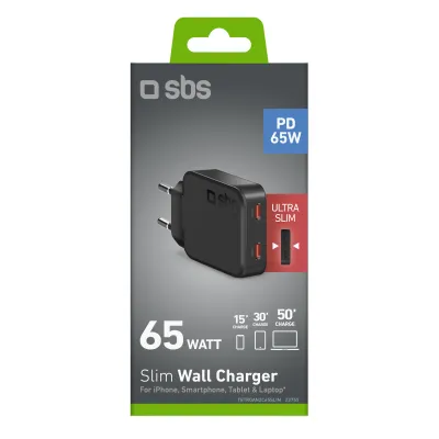 SBS - Cestovný adaptér Slim 2x USB-C, GaN, PD, 65 W, čierna