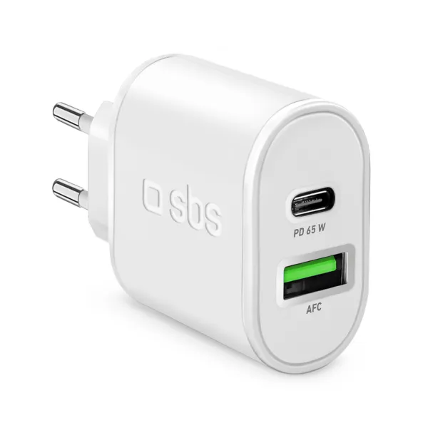 SBS - Cestovný adaptér GaN USB-A PD 65 W/USB-A AFC 18 W, biela