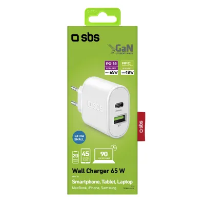 SBS - Cestovný adaptér GaN USB-A PD 65 W/USB-A AFC 18 W, biela