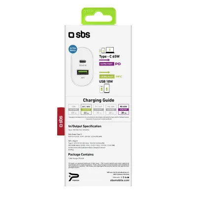 SBS - Cestovný adaptér GaN USB-A PD 65 W/USB-A AFC 18 W, biela