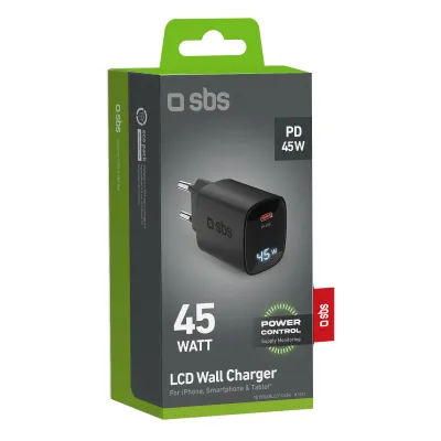 SBS - Cestovný adaptér LCD USB-C, GaN, 45 W, PD, čierna
