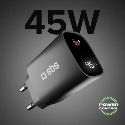 SBS - Cestovný adaptér LCD USB-C, GaN, 45 W, PD, čierna
