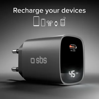 SBS - Cestovný adaptér LCD USB-C, GaN, 45 W, PD, čierna