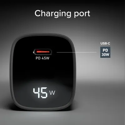 SBS - Cestovný adaptér LCD USB-C, GaN, 45 W, PD, čierna
