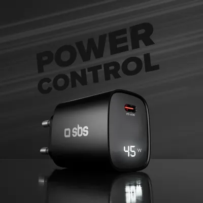 SBS - Cestovný adaptér LCD USB-C, GaN, 45 W, PD, čierna