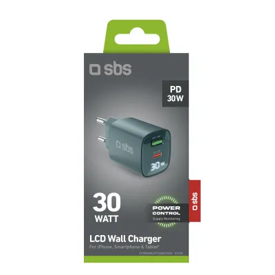 SBS - Cestovný adaptér LCD USB-C/USB-A, GaN, 30 W, PD, svetlá modrá