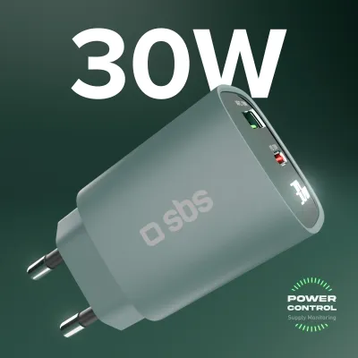 SBS - Cestovný adaptér LCD USB-C/USB-A, GaN, 30 W, PD, svetlá modrá