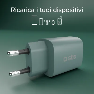 SBS - Cestovný adaptér LCD USB-C/USB-A, GaN, 30 W, PD, svetlá modrá
