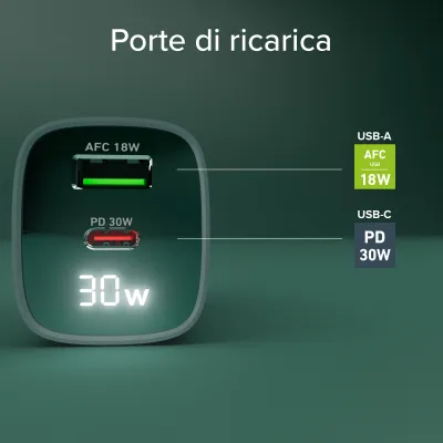 SBS - Cestovný adaptér LCD USB-C/USB-A, GaN, 30 W, PD, svetlá modrá