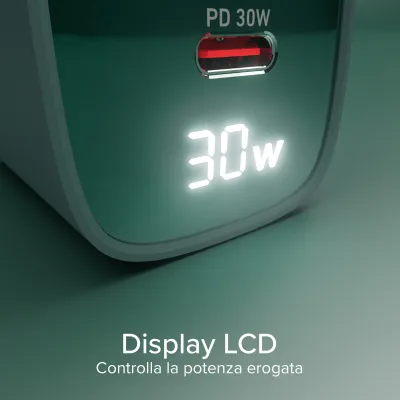 SBS - Cestovný adaptér LCD USB-C/USB-A, GaN, 30 W, PD, svetlá modrá