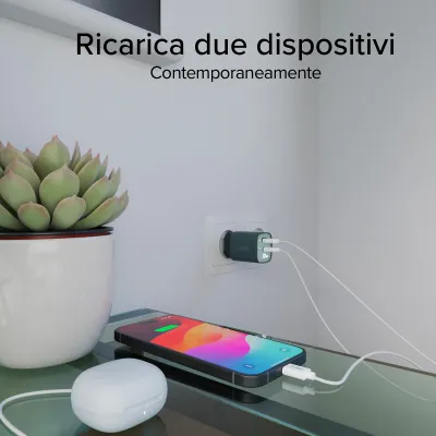SBS - Cestovný adaptér LCD USB-C/USB-A, GaN, 30 W, PD, svetlá modrá