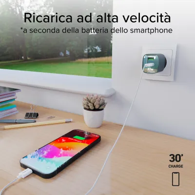 SBS - Cestovný adaptér LCD USB-C/USB-A, GaN, 30 W, PD, svetlá modrá