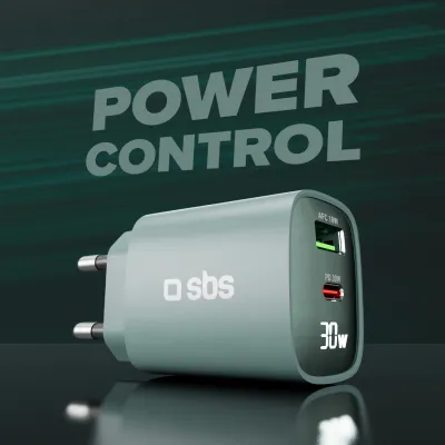 SBS - Cestovný adaptér LCD USB-C/USB-A, GaN, 30 W, PD, svetlá modrá