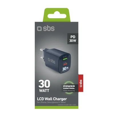 SBS - Cestovný adaptér LCD USB-C/USB-A, GaN, 30 W, PD, modrá