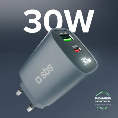SBS - Cestovný adaptér LCD USB-C/USB-A, GaN, 30 W, PD, modrá