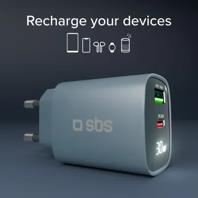 SBS - Cestovný adaptér LCD USB-C/USB-A, GaN, 30 W, PD, modrá