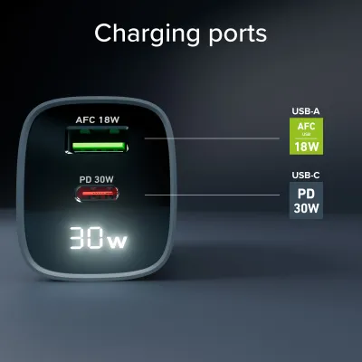 SBS - Cestovný adaptér LCD USB-C/USB-A, GaN, 30 W, PD, modrá