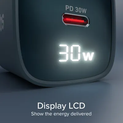 SBS - Cestovný adaptér LCD USB-C/USB-A, GaN, 30 W, PD, modrá