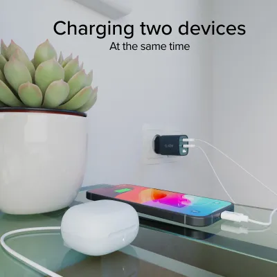 SBS - Cestovný adaptér LCD USB-C/USB-A, GaN, 30 W, PD, modrá