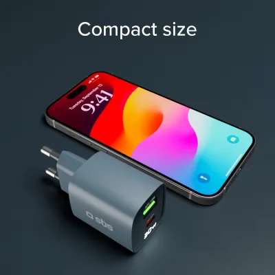 SBS - Cestovný adaptér LCD USB-C/USB-A, GaN, 30 W, PD, modrá