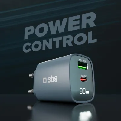 SBS - Cestovný adaptér LCD USB-C/USB-A, GaN, 30 W, PD, modrá