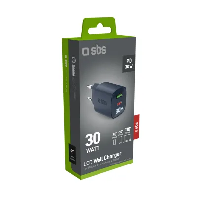 SBS - Cestovný adaptér LCD USB-C/USB-A, GaN, 30 W, PD, modrá