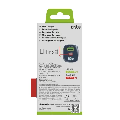 SBS - Cestovný adaptér LCD USB-C/USB-A, GaN, 30 W, PD, modrá