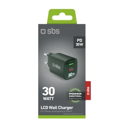 SBS - Cestovný adaptér LCD USB-C/USB-A, GaN, 30 W, PD, zelená