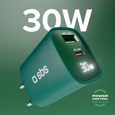 SBS - Cestovný adaptér LCD USB-C/USB-A, GaN, 30 W, PD, zelená