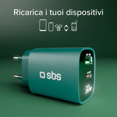 SBS - Cestovný adaptér LCD USB-C/USB-A, GaN, 30 W, PD, zelená