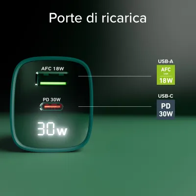SBS - Cestovný adaptér LCD USB-C/USB-A, GaN, 30 W, PD, zelená