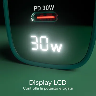 SBS - Cestovný adaptér LCD USB-C/USB-A, GaN, 30 W, PD, zelená