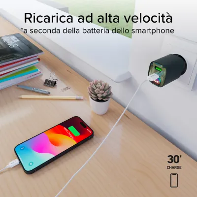 SBS - Cestovný adaptér LCD USB-C/USB-A, GaN, 30 W, PD, zelená