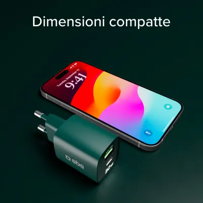 SBS - Cestovný adaptér LCD USB-C/USB-A, GaN, 30 W, PD, zelená