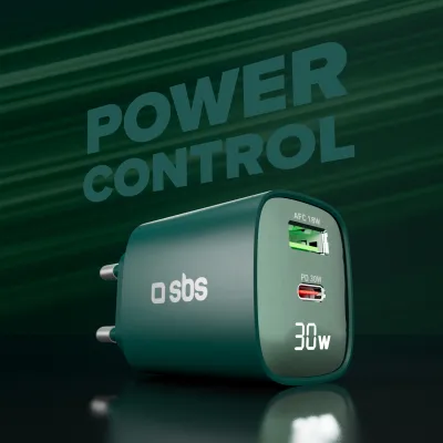 SBS - Cestovný adaptér LCD USB-C/USB-A, GaN, 30 W, PD, zelená