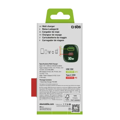 SBS - Cestovný adaptér LCD USB-C/USB-A, GaN, 30 W, PD, zelená