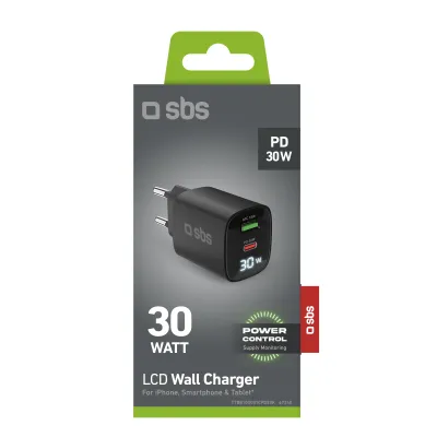 SBS - Cestovný adaptér LCD USB-C/USB-A, GaN, 30 W, PD, čierna