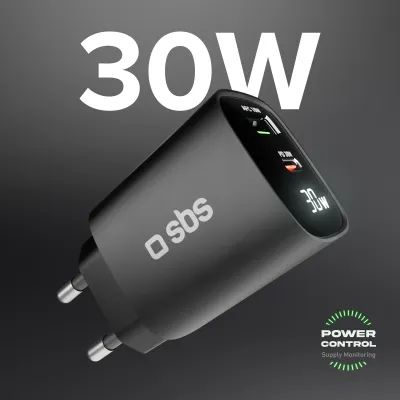 SBS - Cestovný adaptér LCD USB-C/USB-A, GaN, 30 W, PD, čierna