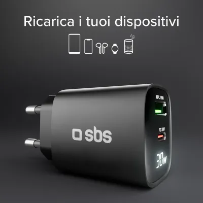 SBS - Cestovný adaptér LCD USB-C/USB-A, GaN, 30 W, PD, čierna