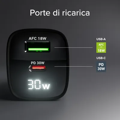 SBS - Cestovný adaptér LCD USB-C/USB-A, GaN, 30 W, PD, čierna