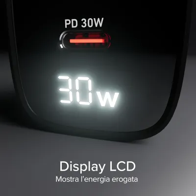 SBS - Cestovný adaptér LCD USB-C/USB-A, GaN, 30 W, PD, čierna