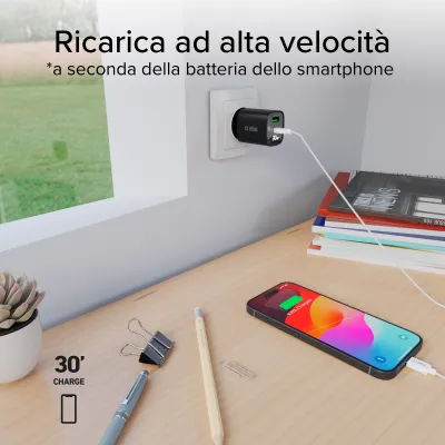 SBS - Cestovný adaptér LCD USB-C/USB-A, GaN, 30 W, PD, čierna