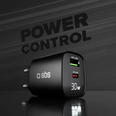 SBS - Cestovný adaptér LCD USB-C/USB-A, GaN, 30 W, PD, čierna